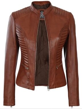 Cognac Brown Leather Moto Jacket Fitted Like New Women's M Classic Cafe Racer